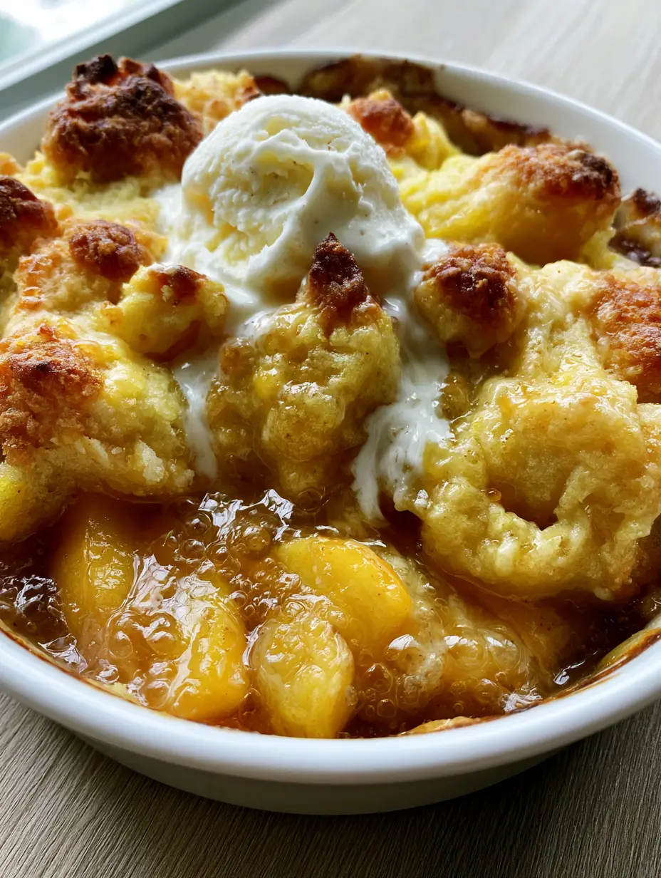 Peach Cobbler with Cake Mix: The Ultimate Golden-Brown Dump Cake 3 Top-down view of Peach Cobbler with Cake Mix showing bubbling amber syrup and toasted crust peaks.