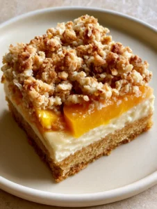 Detailed shot of a Peach Crumble Bar showing the textures of the golden-brown crust and chunky oat topping.