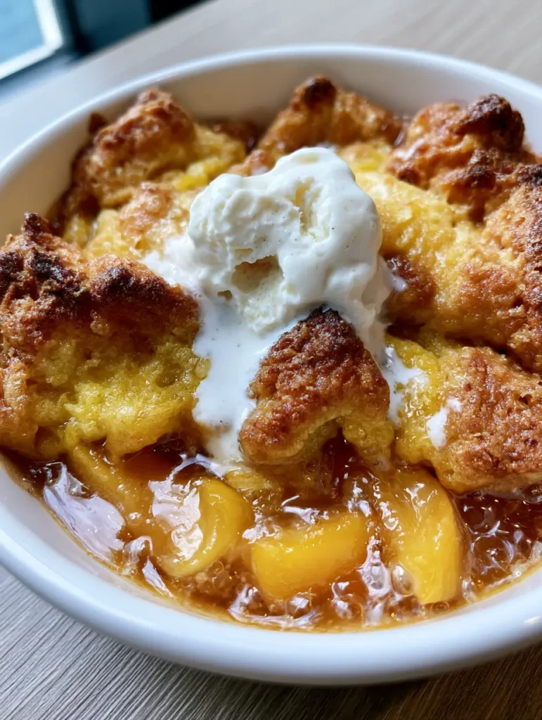 Peach Cobbler with Cake Mix: The Ultimate Golden-Brown Dump Cake 1 A scoop of vanilla ice cream melting over the craggy crust of a Peach Cobbler with Cake Mix.
