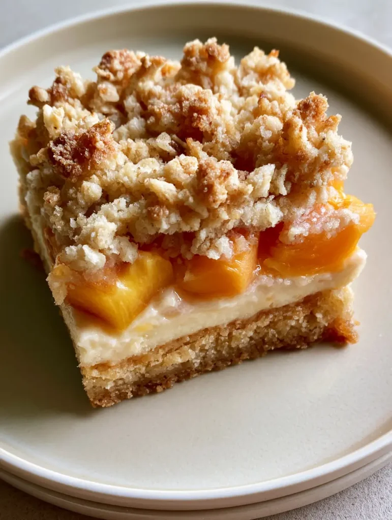 Peach Crumble Bars: The Ultimate Layered Summer Cheesecake Dessert 1 Top-down view of Peach Crumble Bars with translucent peach edges and golden oat topping.