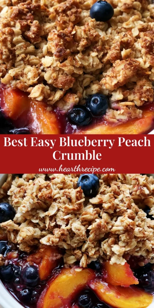 A rustic Blueberry Peach Crumble in a white dish featuring golden brown butter clusters and a thick purple fruit glaze.
