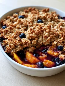 Close-up of bubbling Blueberry Peach Crumble with jammy fruit and toasted oat clusters.