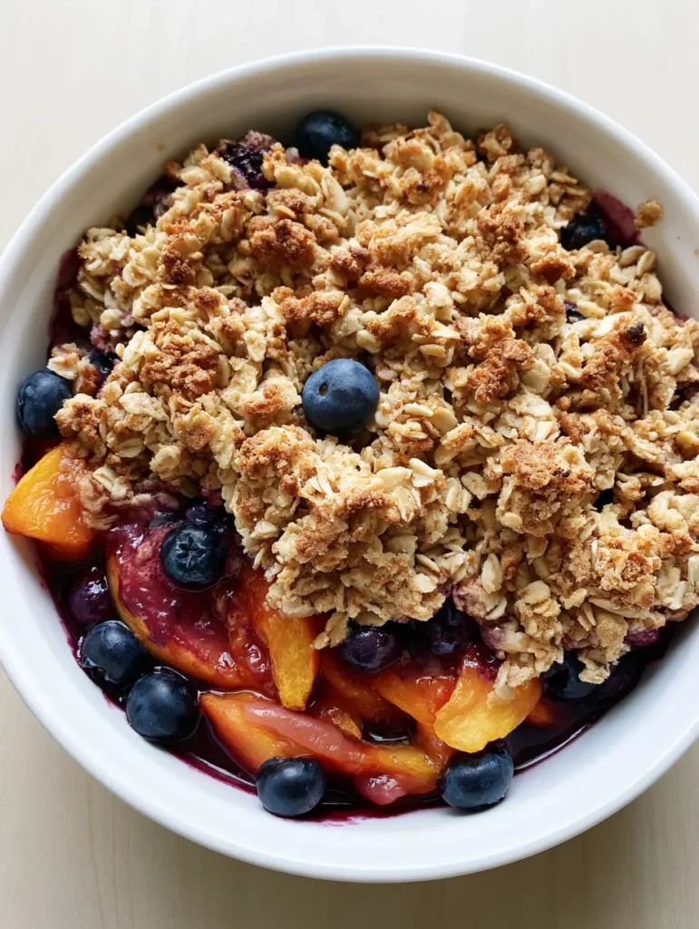 Baked Blueberry Peach Crumble in a ceramic dish on a light wood surface.