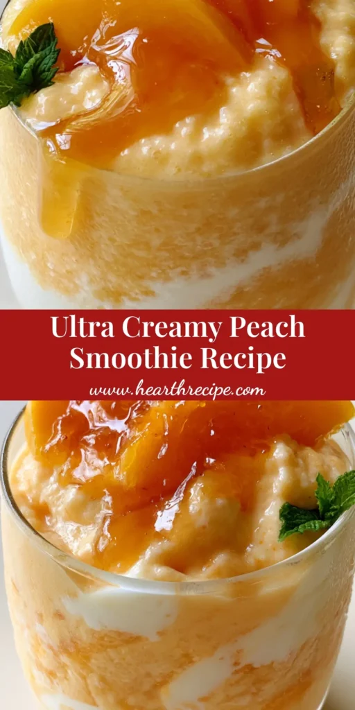 A thick, pale-orange Peach Smoothie Recipe in a clear glass with yogurt swirls, fresh peach slices, and mint. (Peach Smoothie Recipe)