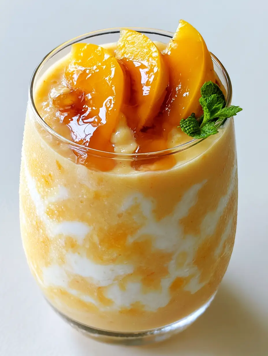 Close up of a Peach Smoothie Recipe showing the thick white yogurt swirls and amber syrup drizzle. (Peach Smoothie Recipe)