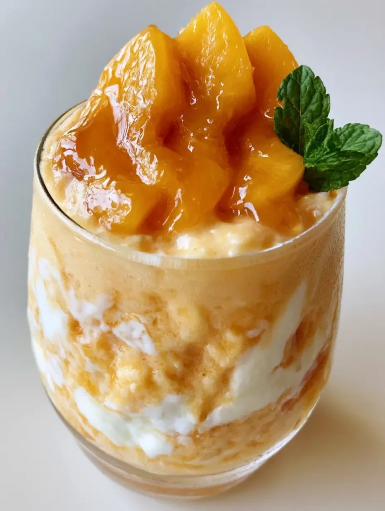 A handheld smartphone photo of a Peach Smoothie Recipe garnished with fanned peach slices and mint.