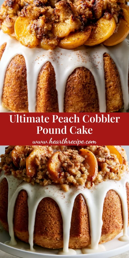 A tall golden-brown Peach Cobbler Pound Cake with thick white glaze and caramelized peach slices on a white pedestal.