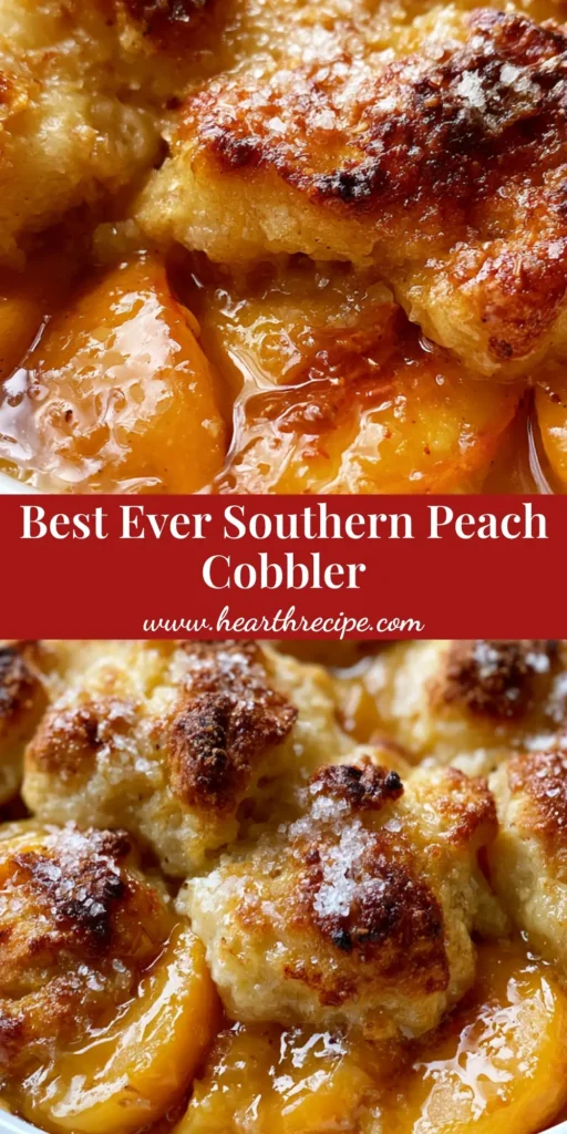A rustic Southern Peach Cobbler in a white ceramic dish with a golden-brown biscuit topping and bubbling syrup. (Southern Peach Cobbler)