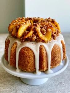 Close up of caramelized orange peach slices and buttery streusel on top of a glazed Peach Cobbler Pound Cake.