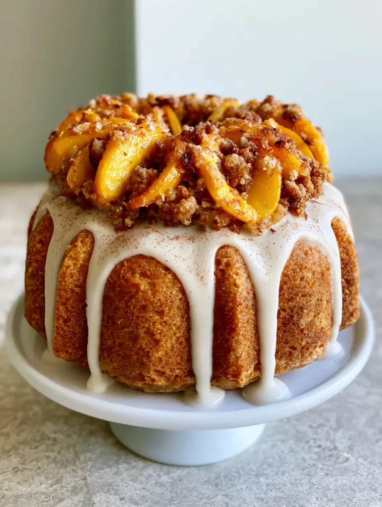 Close up of caramelized orange peach slices and buttery streusel on top of a glazed Peach Cobbler Pound Cake.