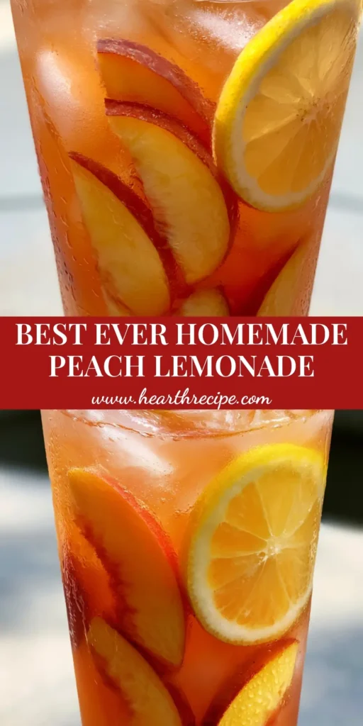 Refreshing Peach Lemonade: The Ultimate Handcrafted Summer Sips Guide 4 A vertical Pinterest pin showing a tall glass of vibrant peach lemonade with ice, peach slices, and a mint sprig. (Peach Lemonade)
