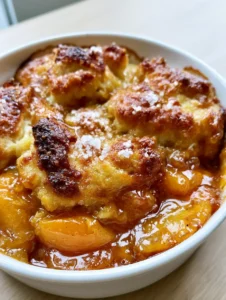 Close-up of thick orange peach slices submerged in a glossy amber syrup. (Southern Peach Cobbler)