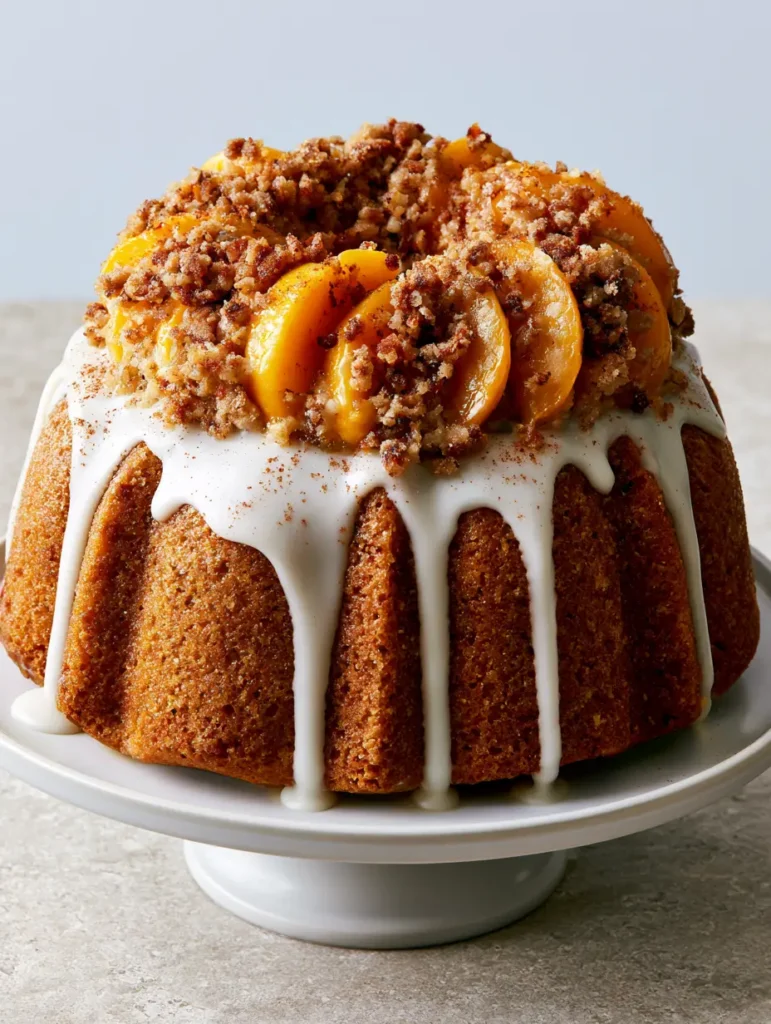 Full view of the Peach Cobbler Pound Cake showing thick white glaze cascading down its grooves.