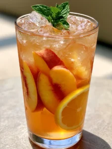 A handheld smartphone photo of a tall glass filled with chilled peach lemonade, ice cubes, peach wedges, and a lemon wheel. (Peach Lemonade)
