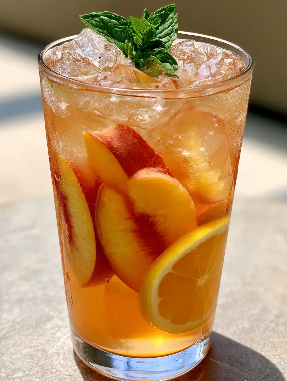 Refreshing Peach Lemonade: The Ultimate Handcrafted Summer Sips Guide 3 A handheld smartphone photo of a tall glass filled with chilled peach lemonade, ice cubes, peach wedges, and a lemon wheel. (Peach Lemonade)