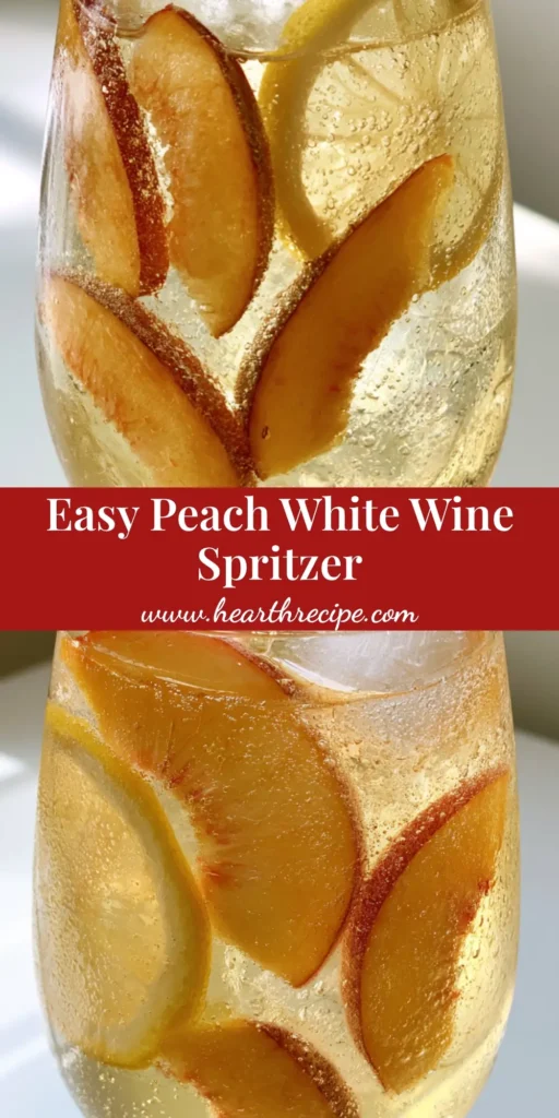 A refreshing Peach White Wine Spritzer in a tall wine glass with fuzzy peach slices, lemon, and mint on a light tabletop. (Peach White Wine Spritzer)