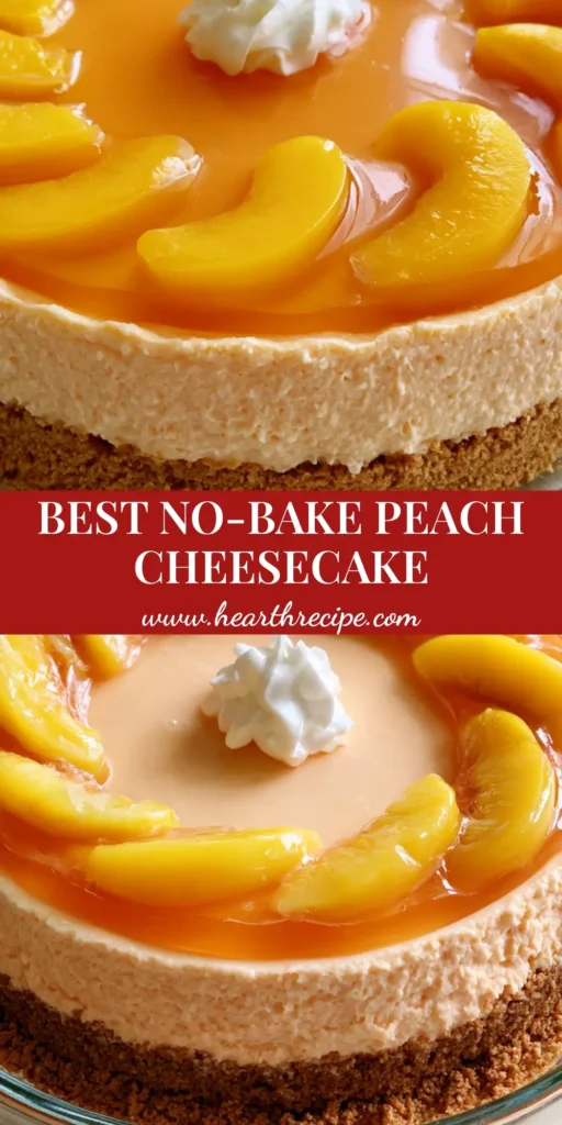A close-up vertical shot of a No-Bake Peach Cheesecake with a translucent orange glaze and circular peach slices in a glass dish.
