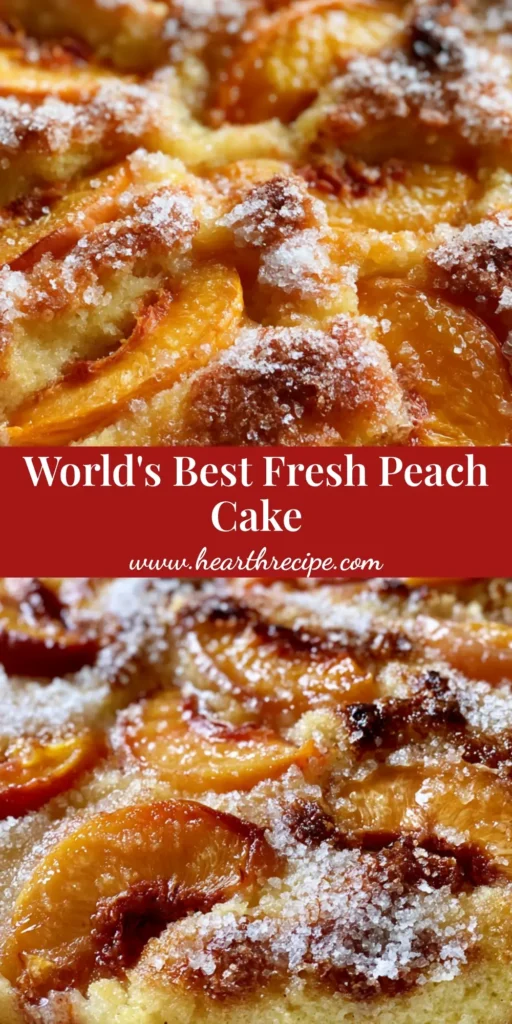 A close-up vertical shot of a Fresh Peach Cake in a white ceramic dish, showcasing the glistening granulated sugar crust and sliced orange peaches.