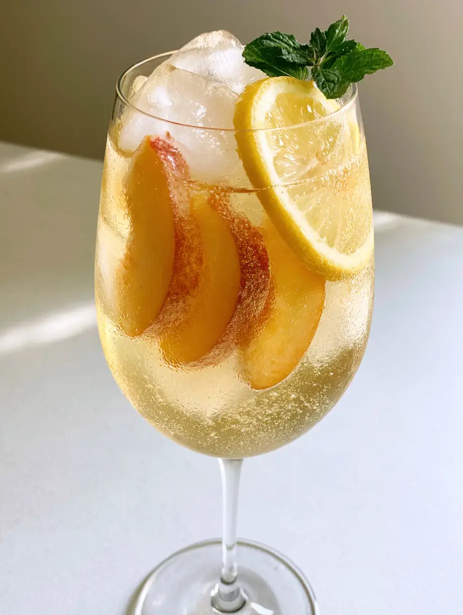 Close up of a Peach White Wine Spritzer showing fine carbonation bubbles and golden peach slices. (Peach White Wine Spritzer)