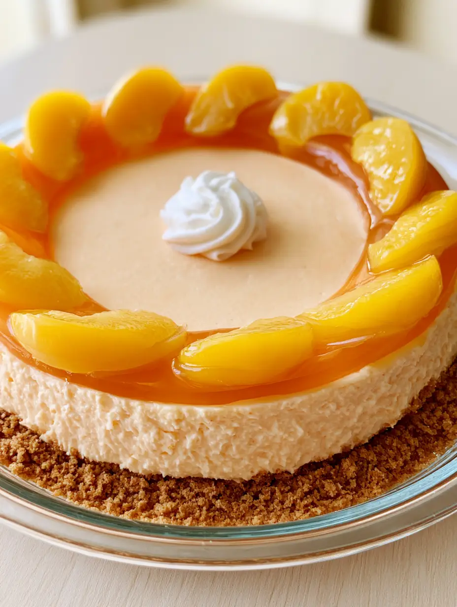 High-angle shot of a No-Bake Peach Cheesecake in a glass dish showing the golden crust and pale-peach filling.