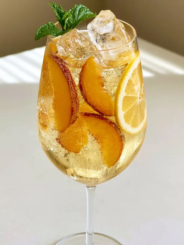 Side view of a condensation-covered wine glass containing a Peach White Wine Spritzer with a mint garnish.