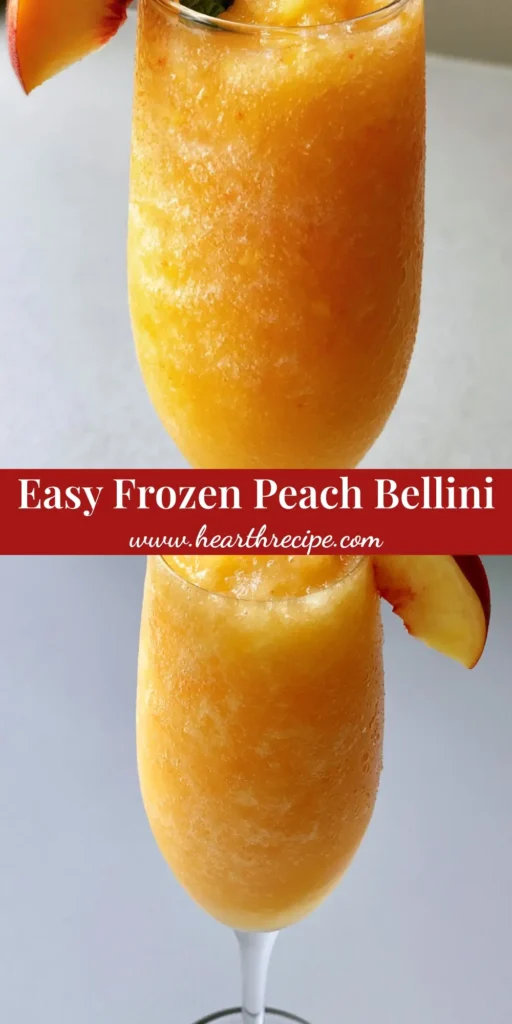Frozen Peach Bellini: The Ultimate Frosty Summer Prosecco Cocktail 5 A thick, frosty Frozen Peach Bellini in a champagne flute with a peach slice and mint sprig garnish.