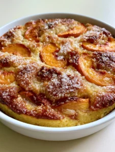 Handheld smartphone photo of a fresh peach cake baked in a white ceramic dish with skin-on peach slices.