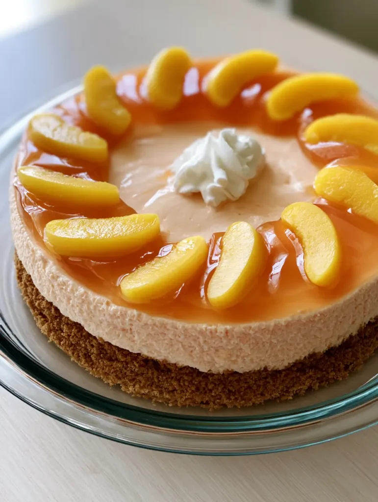 Close-up of the translucent orange gelatin topping and canned peach slices on the No-Bake Peach Cheesecake.