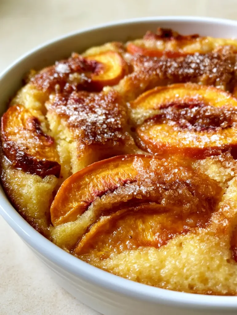Detailed view of the Fresh Peach Cake crumb with buried peach slices and a crispy granulated sugar crust.
