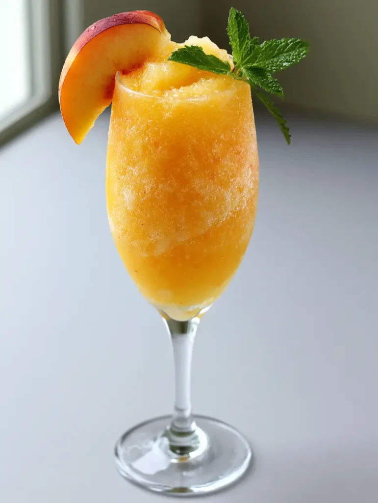 Frozen Peach Bellini: The Ultimate Frosty Summer Prosecco Cocktail 1 Handheld photo of a Frozen Peach Bellini with light condensation on the glass and a fresh peach garnish.