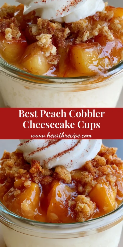 Individual Peach Cobbler Cheesecake Cups in clear jars with layers of graham cracker crust, ivory cheesecake, and amber peaches. (Peach Cobbler Cheesecake Cups)