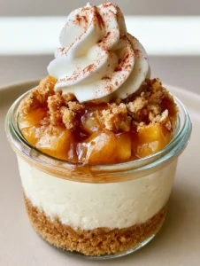Close-up of a Peach Cobbler Cheesecake Cup showing the dense ivory baked filling and glistening peach syrup. (Peach Cobbler Cheesecake Cups)