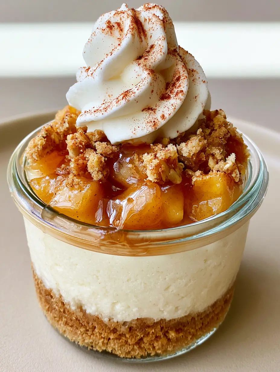 Close-up of a Peach Cobbler Cheesecake Cup showing the dense ivory baked filling and glistening peach syrup. (Peach Cobbler Cheesecake Cups)