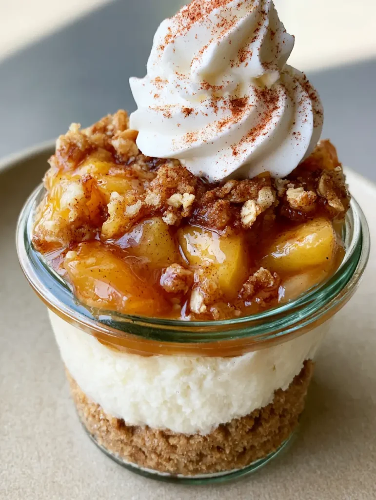 Handheld photo of a Peach Cobbler Cheesecake Cup with a tall whipped cream swirl and cinnamon dusting.