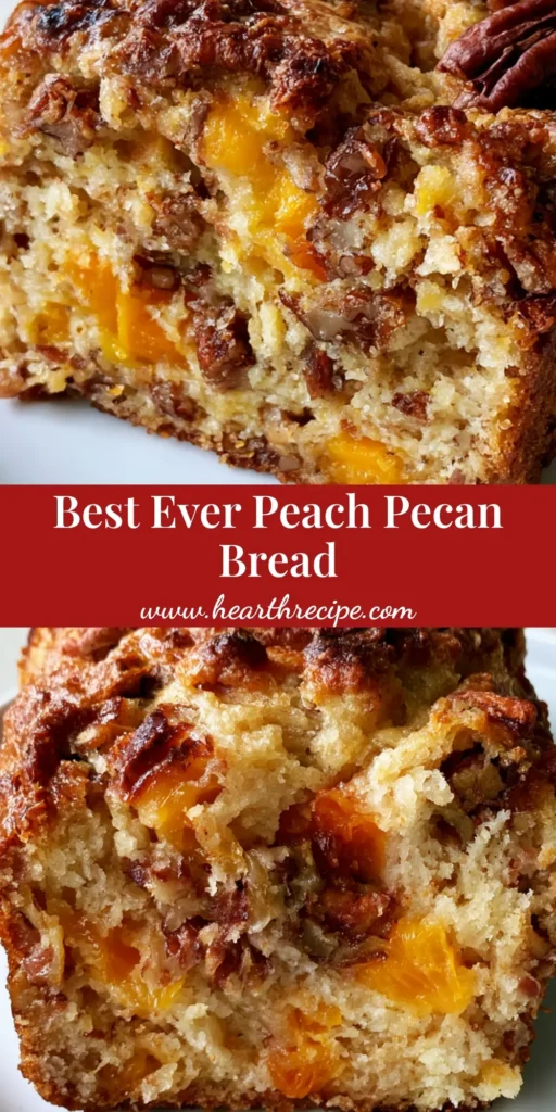 A thick slice of golden-brown Peach Pecan Bread showing moist interior crumb and peach chunks on a white plate.