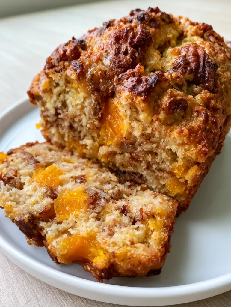 Close up of Peach Pecan Bread loaf with rustic caramelized top crust and embedded pecan halves.