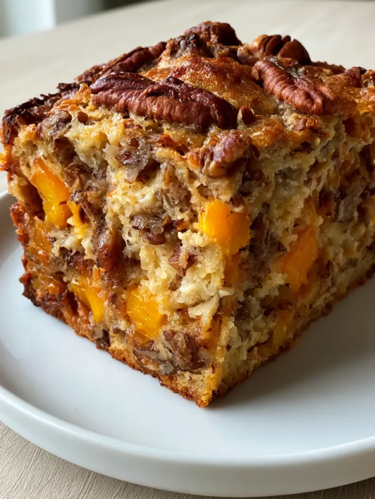 Side view of Peach Pecan Bread slice highlighting vibrant orange peach chunks and earthy toasted pecans.