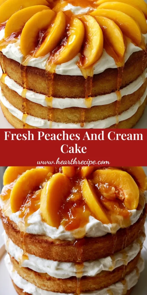 A vertical photo of a three-layer Peaches and Cream Layer Cake on a white pedestal, showing thick whipped cream and a radial peach topping with amber drips.