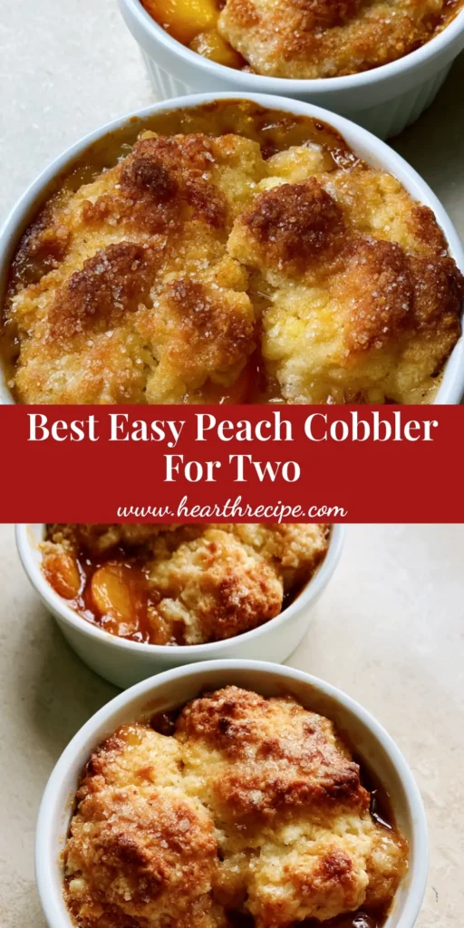 Two small white ceramic ramekins with Peach Cobbler for Two, featuring golden-brown biscuit crusts and bubbling amber syrup on a stone countertop.