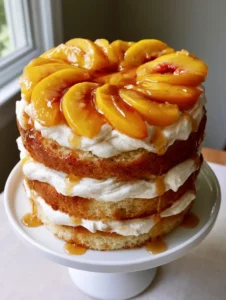 Side view of a three-layer golden vanilla sponge cake with smooth white vanilla bean whipped cream and glowing amber syrup drips. (Peaches and Cream Layer Cake)