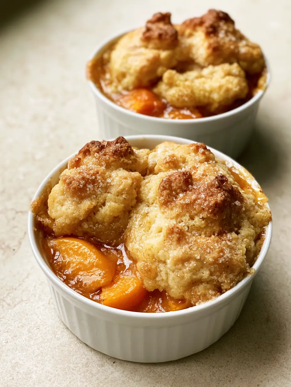 Close up of Peach Cobbler for Two showing the glistening amber fruit syrup and rustic golden-brown dough.