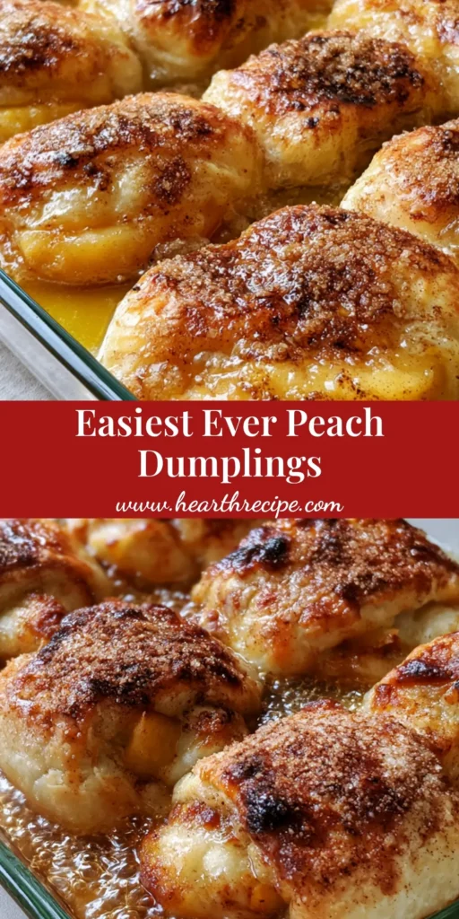 Peach Dumplings with Golden Crescent Crust and Amber Syrup 4 A close-up of golden-brown Peach Dumplings in a glass dish with bubbling amber syrup and a cinnamon sugar dusting.
