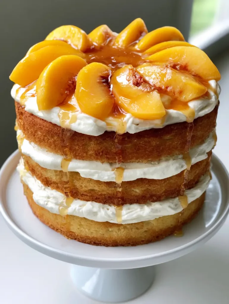 Top-down view of a Peaches and Cream Layer Cake featuring fresh orange-yellow peach slices in a radial pattern with glossy syrup.