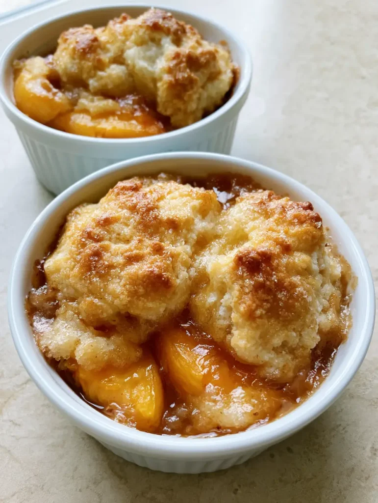 Two ramekins of Peach Cobbler for Two with visible sugar granules on a craggy golden-brown crust.