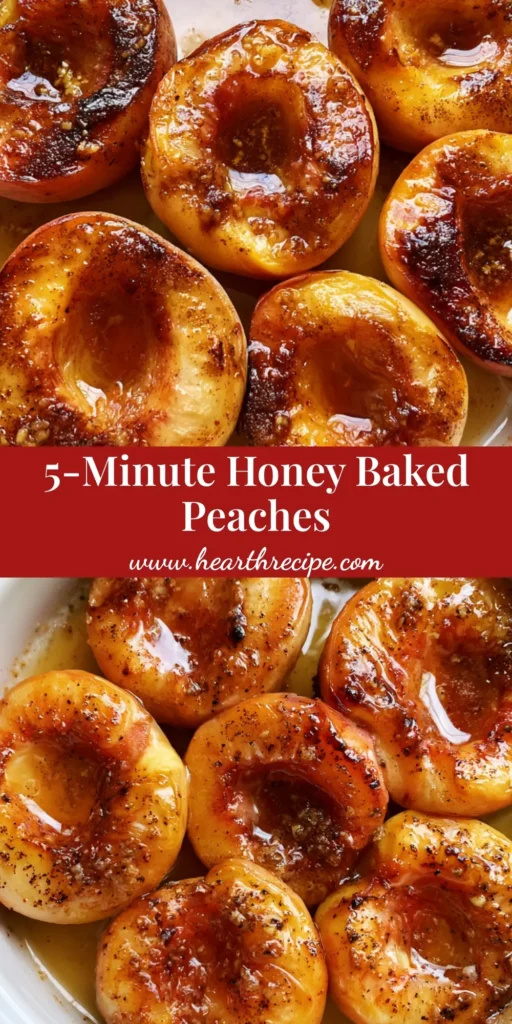 Baked Peaches with Honey, Cinnamon, and Warm Ginger Glaze 3 A top-down view of 8 Baked Peaches in a white dish, featuring golden caramelized edges and pools of honey-butter sauce in the center.