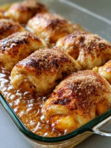 Peach Dumplings in a rectangular glass dish showing the translucent amber syrup and charred pastry tops. (Peach Dumplings)