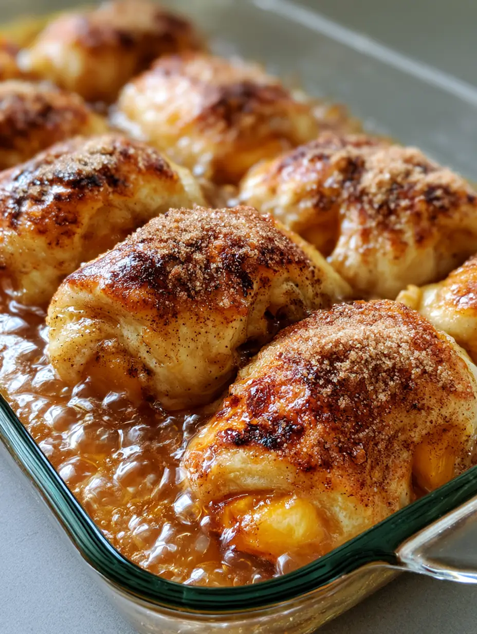 Peach Dumplings with Golden Crescent Crust and Amber Syrup 3 Peach Dumplings in a rectangular glass dish showing the translucent amber syrup and charred pastry tops. (Peach Dumplings)