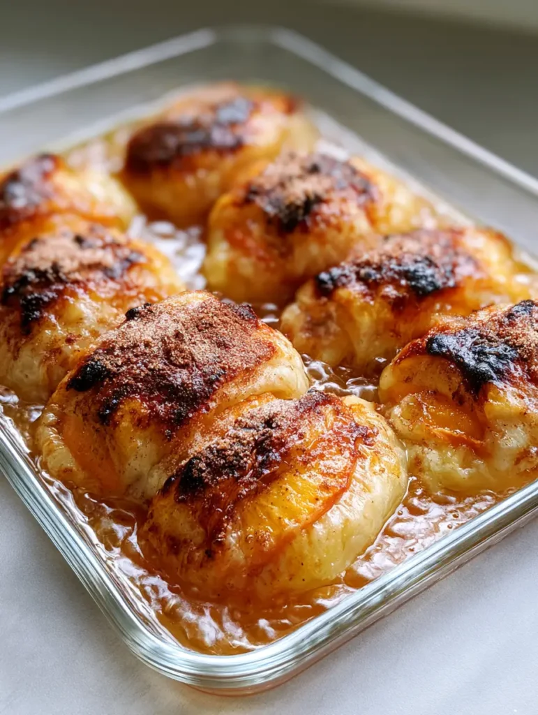 Peach Dumplings with Golden Crescent Crust and Amber Syrup 1 Overhead view of peach dumplings wrapped in flaky pastry with a granulated sugar coating. (Peach Dumplings)