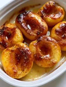 A smartphone photo of tender Baked Peaches with visible sprinkles of cinnamon and ginger in a white ceramic dish.