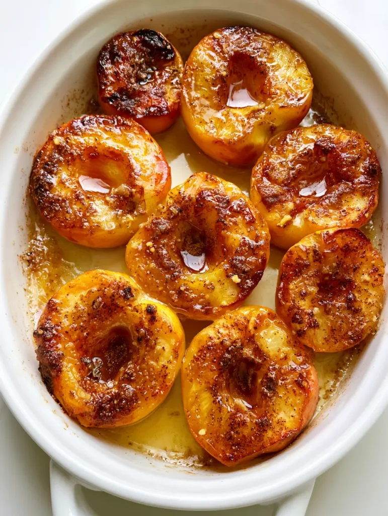 Baked Peaches with Honey, Cinnamon, and Warm Ginger Glaze 1 Glossy Baked Peaches halved and roasted until soft, with bubbling juices and ginger specks.